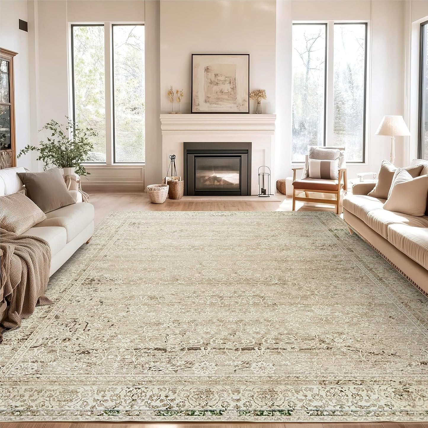 Nursery Rug for Baby Girl,Neutral Blush Pink Boho Cute Floral Foldable Machine Washable Soft Faux Wool Carpet Area Rugs for Living Room Bedroom Dorm Kids Playroom,5x7
