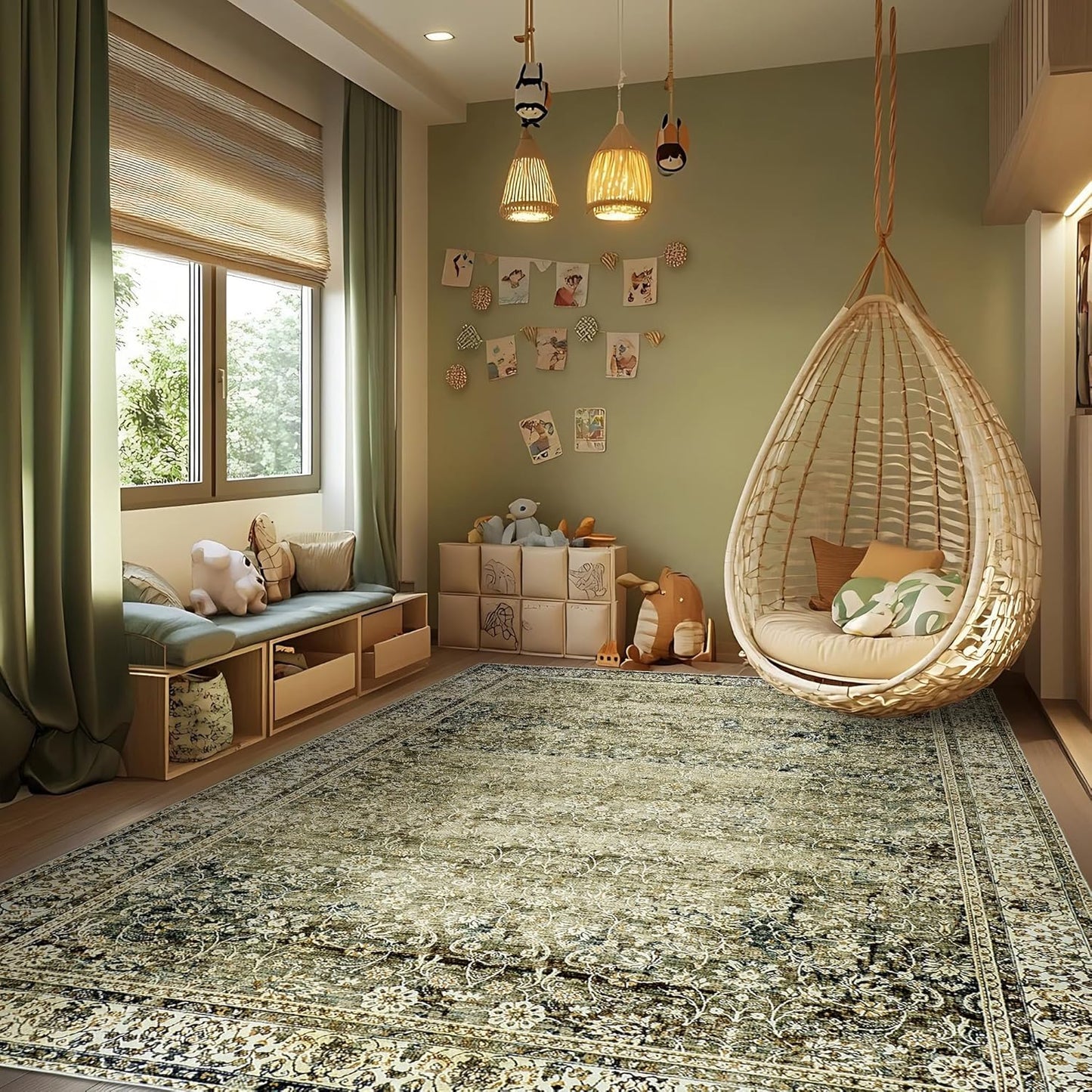 Nursery Rug for Baby Girl,Neutral Blush Pink Boho Cute Floral Foldable Machine Washable Soft Faux Wool Carpet Area Rugs for Living Room Bedroom Dorm Kids Playroom,5x7