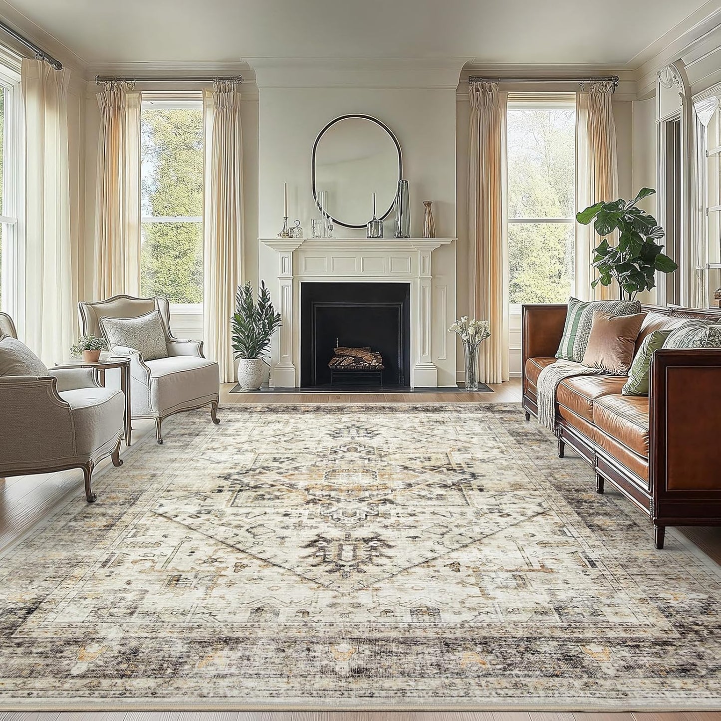 AMADA HOMEFURNISHING 8x10 Washable Area Rug, Low-Profile Large Area Rug with Non-Slip Backing & Durable Edge Binding, Vintage Large Rugs for Living Room, Bedroom, Dinning Room