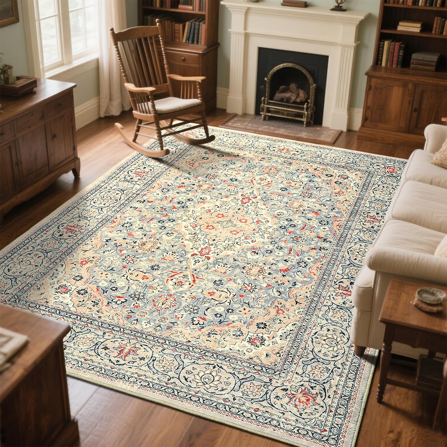 Washable Rug 4x6, Beige Area Rugs Non Slip, Indoor Low Pile Carpet with Rubber Backing for Living Room Kitchen Bathroom Entryway Office Bedroom