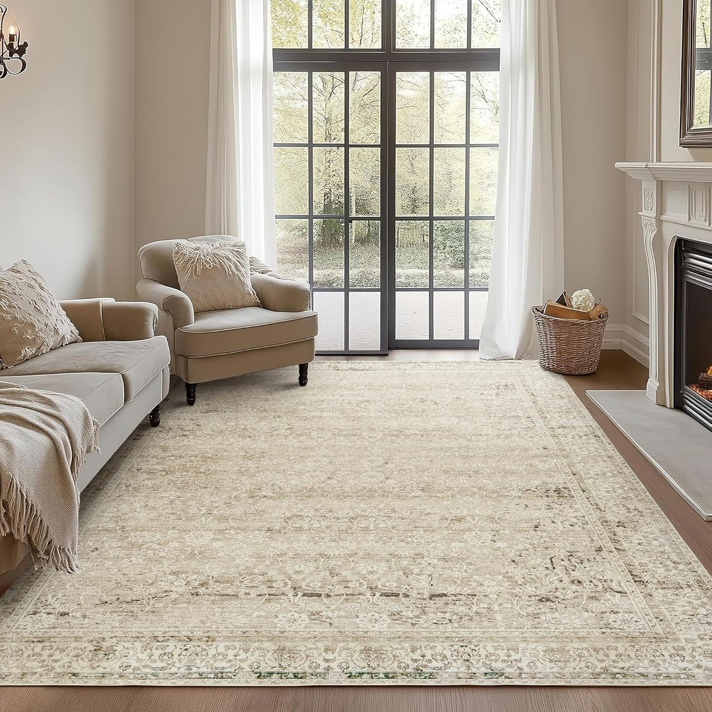 Nursery Rug for Baby Girl,Neutral Blush Pink Boho Cute Floral Foldable Machine Washable Soft Faux Wool Carpet Area Rugs for Living Room Bedroom Dorm Kids Playroom,5x7