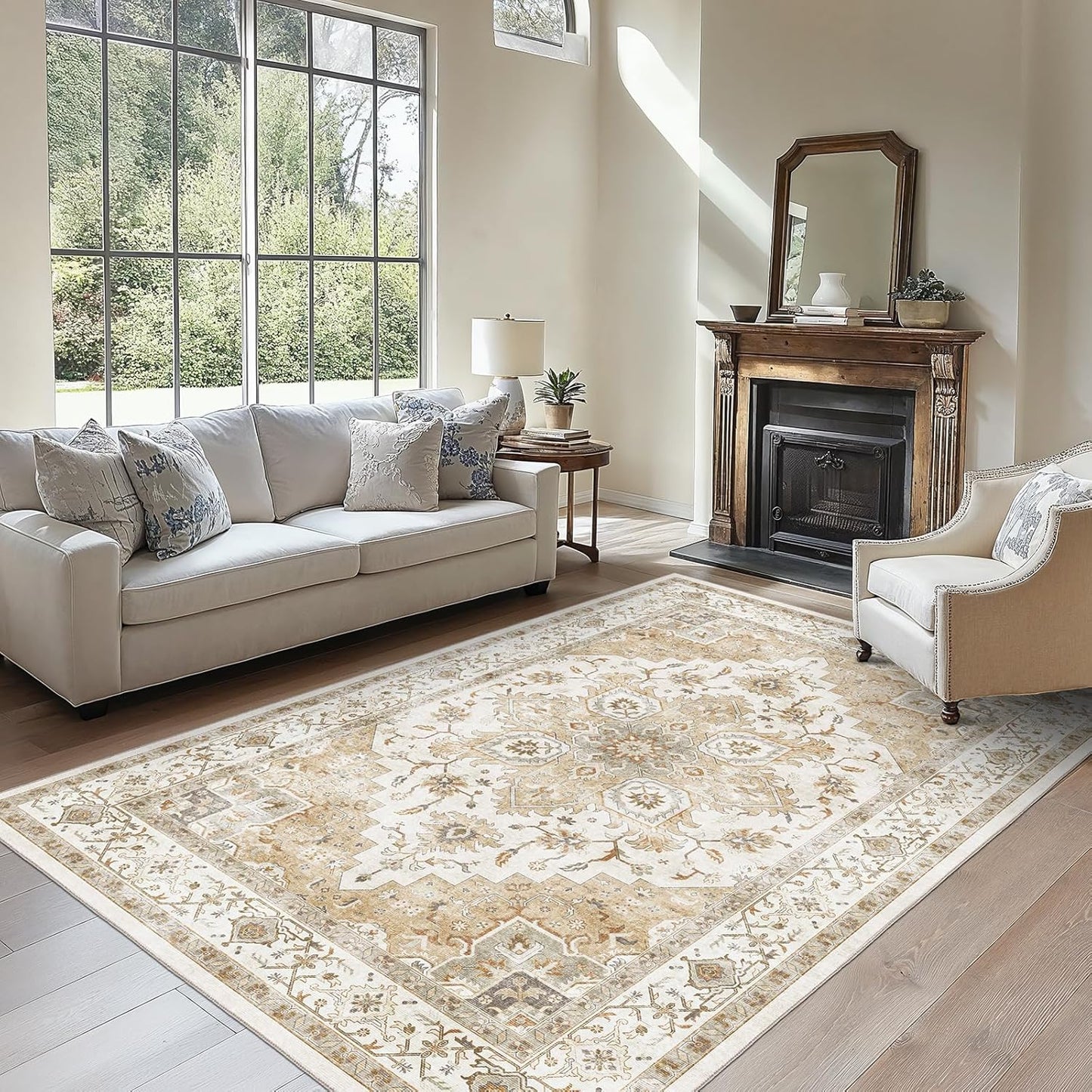 AMADA HOMEFURNISHING 8x10 Washable Area Rug, Low-Profile Large Area Rug with Non-Slip Backing & Durable Edge Binding, Vintage Large Rugs for Living Room, Bedroom, Dinning Room