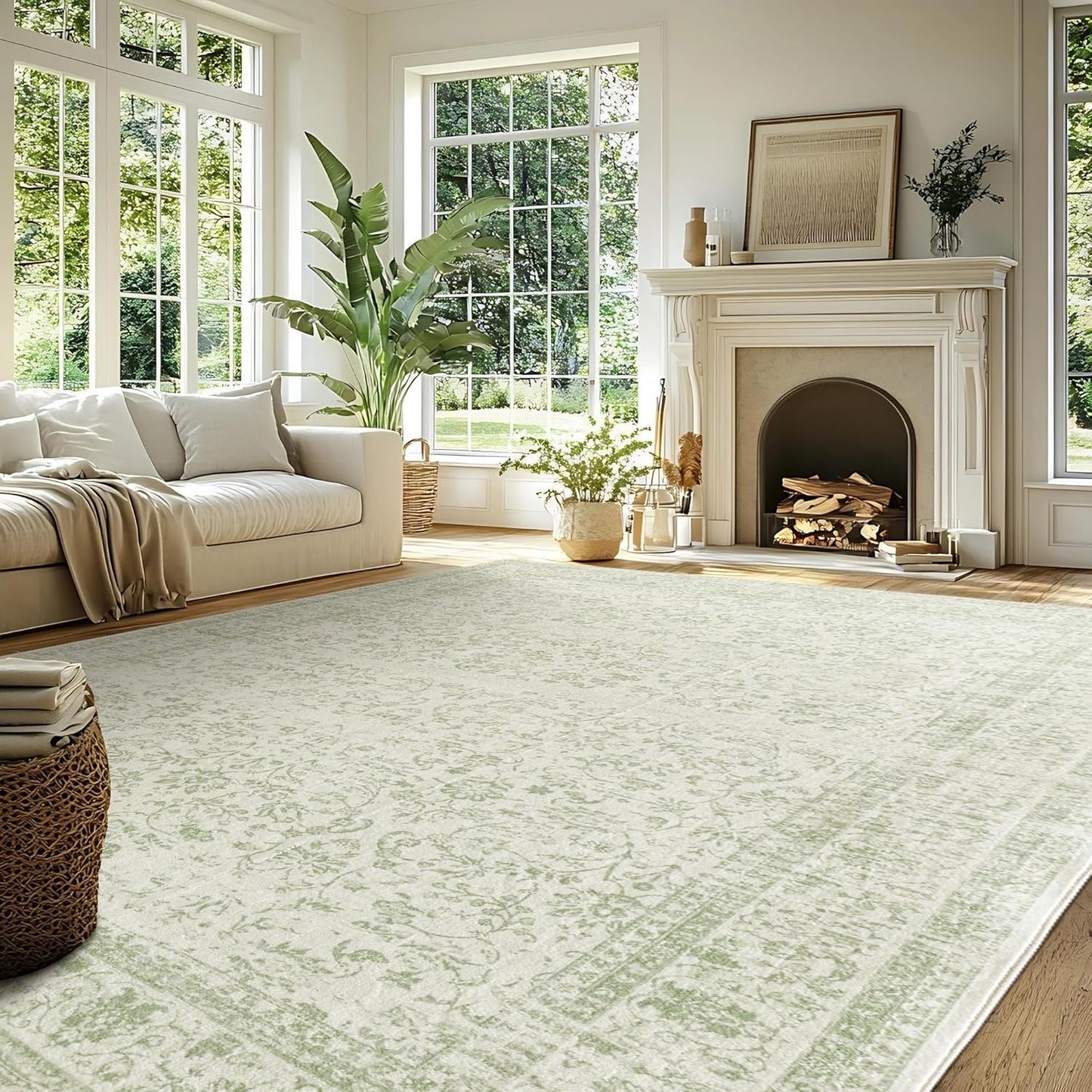 Nursery Rug for Baby Girl,Neutral Blush Pink Boho Cute Floral Foldable Machine Washable Soft Faux Wool Carpet Area Rugs for Living Room Bedroom Dorm Kids Playroom,5x7