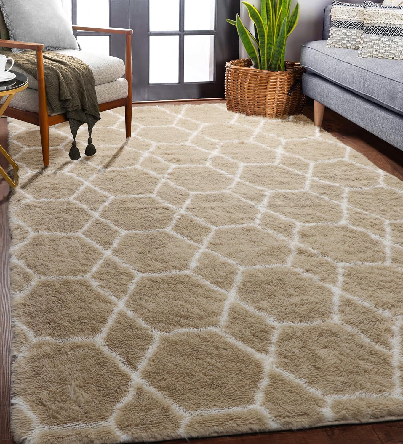 ONASAR 6x9 Area Rugs for Living Room Bedroom, Washable Large Fluffy Grey and Black Throw Rug, Geometric Soft Plush Shaggy Fuzzy Floor Carpet for Nursery Kids Girls Boys Teen Dorm Home Office Decor