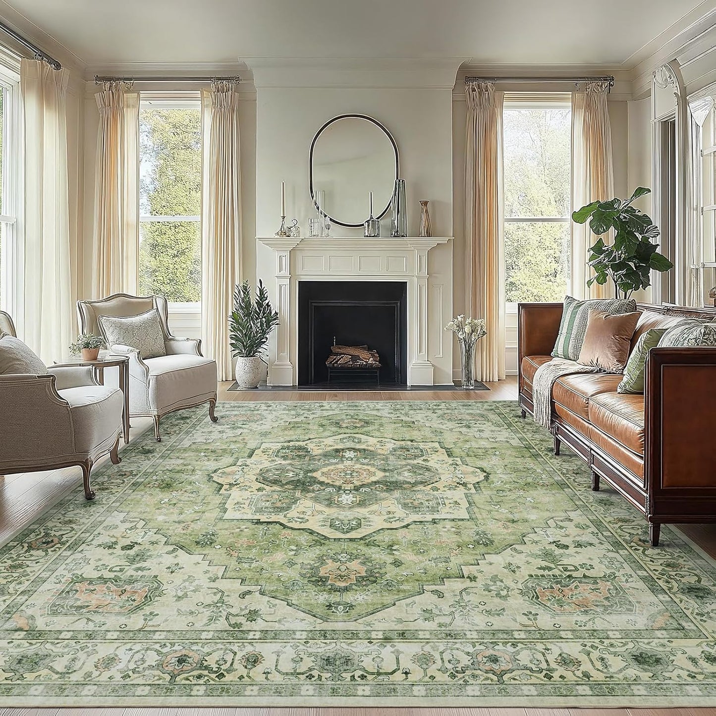 AMADA HOMEFURNISHING 8x10 Washable Area Rug, Low-Profile Large Area Rug with Non-Slip Backing & Durable Edge Binding, Vintage Large Rugs for Living Room, Bedroom, Dinning Room