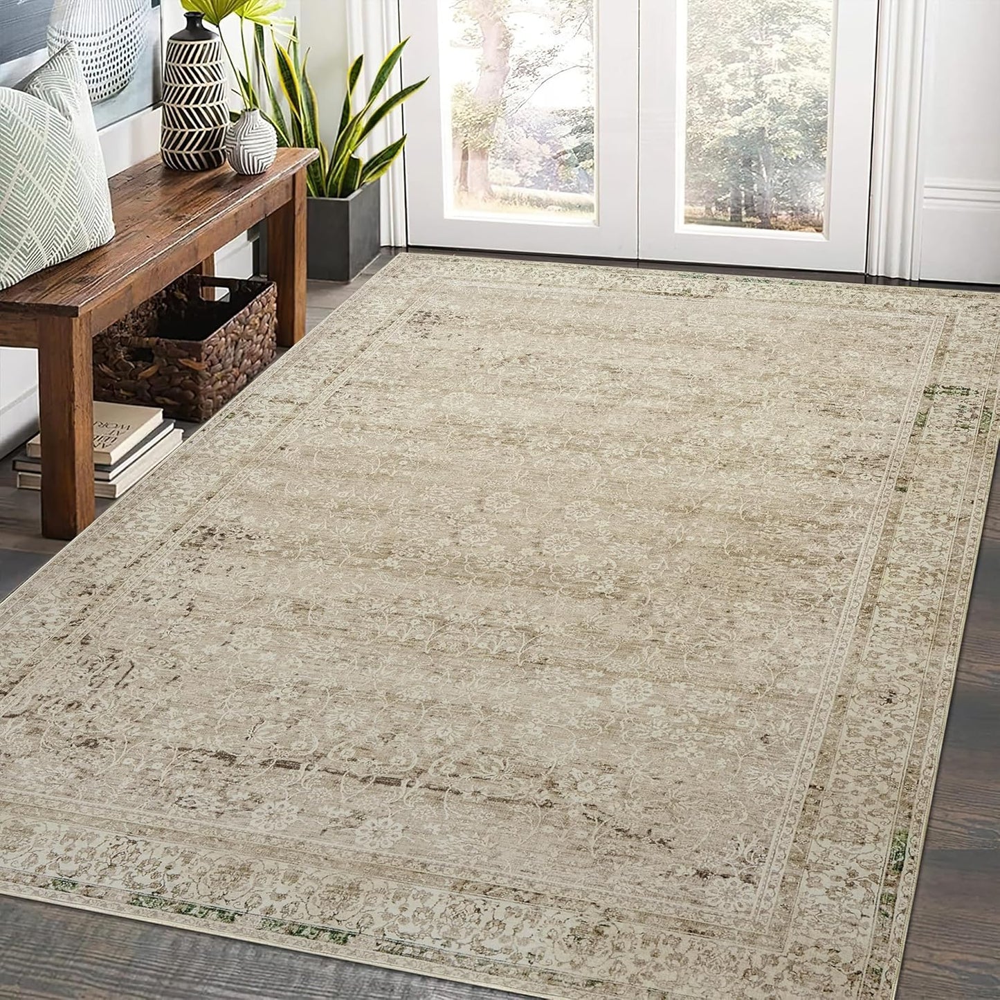 Nursery Rug for Baby Girl,Neutral Blush Pink Boho Cute Floral Foldable Machine Washable Soft Faux Wool Carpet Area Rugs for Living Room Bedroom Dorm Kids Playroom,5x7