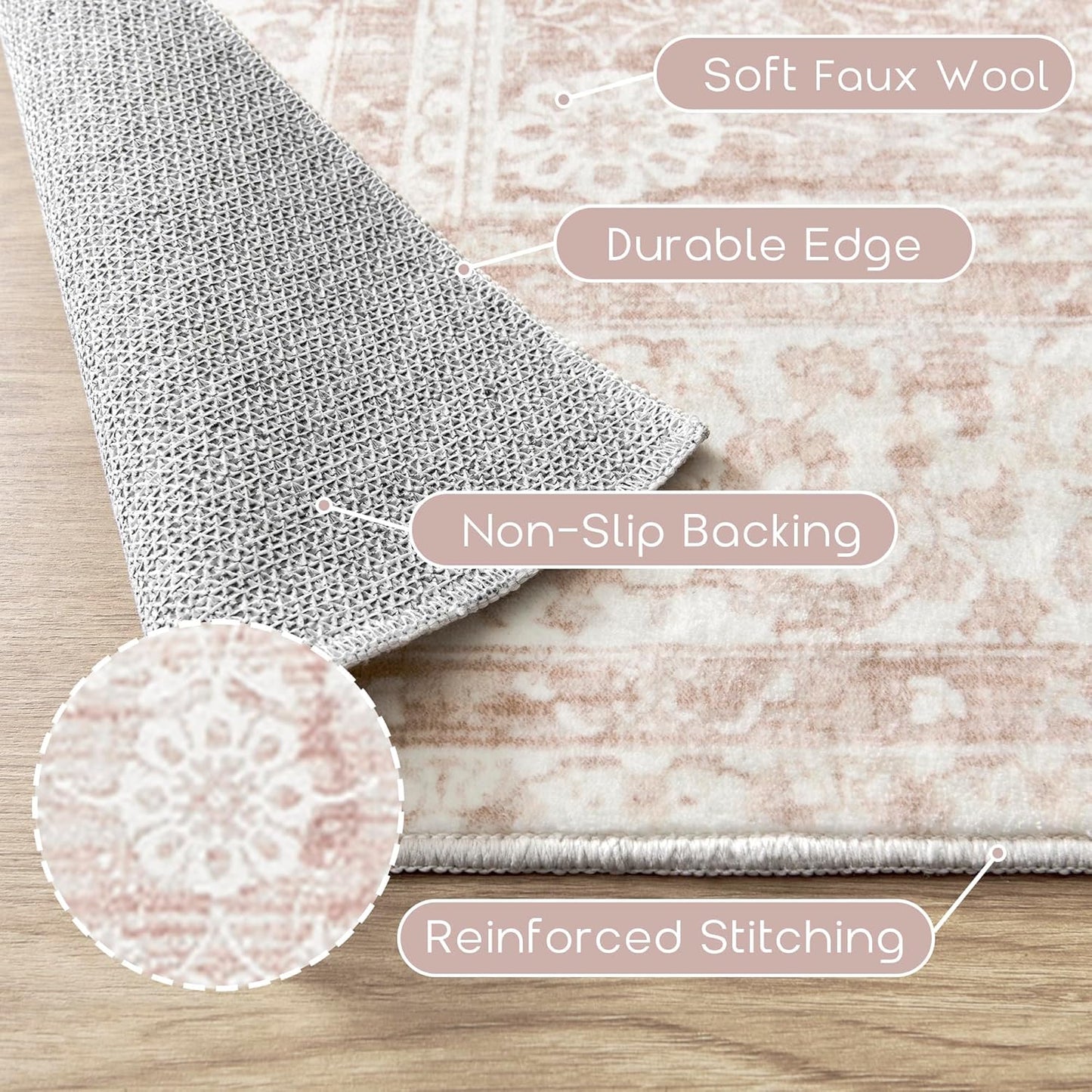 Nursery Rug for Baby Girl,Neutral Blush Pink Boho Cute Floral Foldable Machine Washable Soft Faux Wool Carpet Area Rugs for Living Room Bedroom Dorm Kids Playroom,5x7