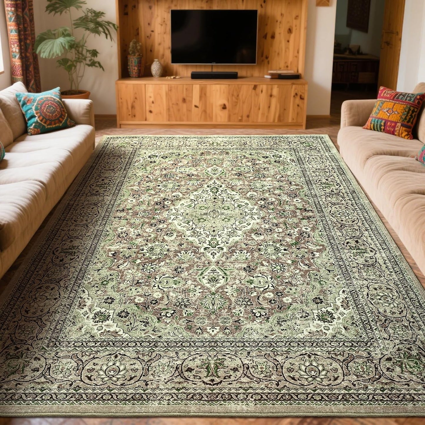 Washable Rug 4x6, Beige Area Rugs Non Slip, Indoor Low Pile Carpet with Rubber Backing for Living Room Kitchen Bathroom Entryway Office Bedroom