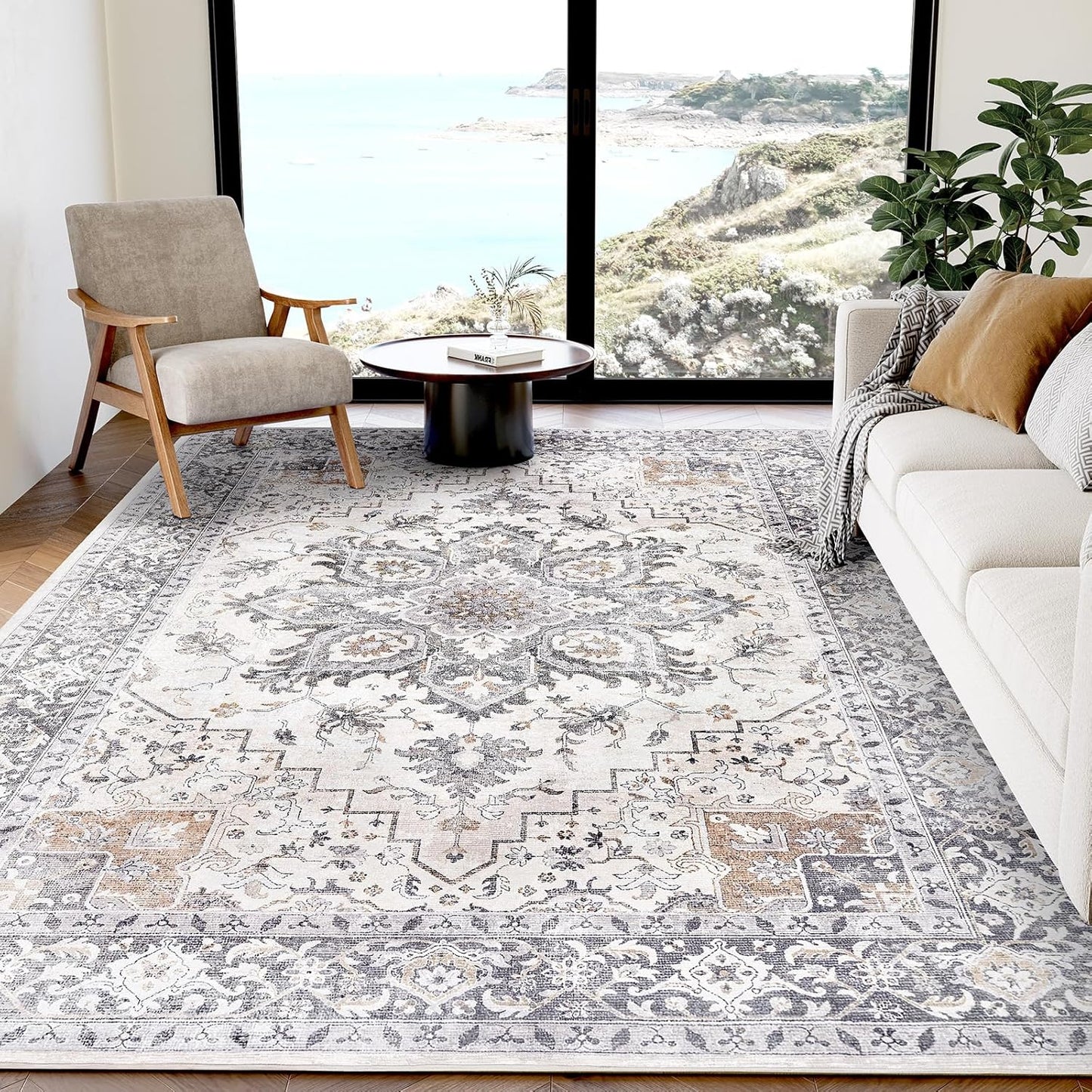 AMADA HOMEFURNISHING 8x10 Washable Area Rug, Low-Profile Large Area Rug with Non-Slip Backing & Durable Edge Binding, Vintage Large Rugs for Living Room, Bedroom, Dinning Room