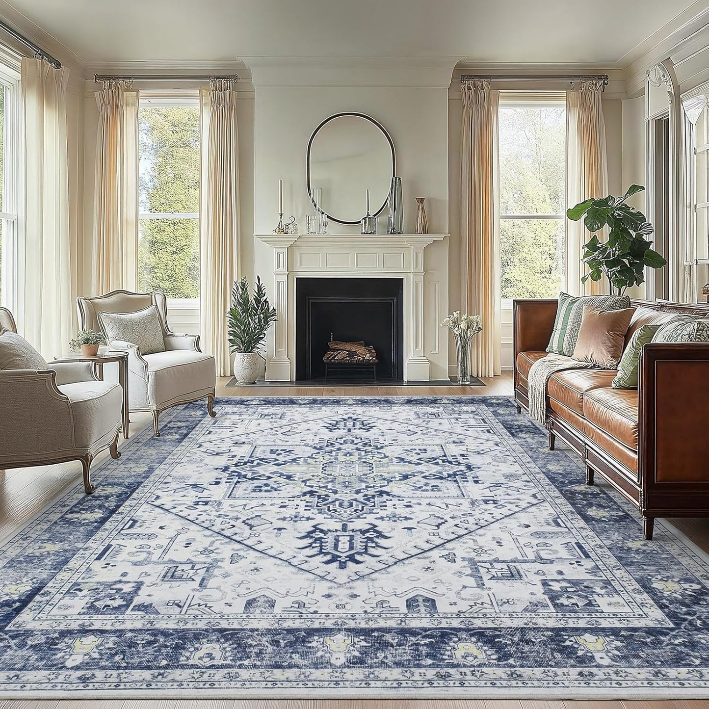AMADA HOMEFURNISHING 8x10 Washable Area Rug, Low-Profile Large Area Rug with Non-Slip Backing & Durable Edge Binding, Vintage Large Rugs for Living Room, Bedroom, Dinning Room