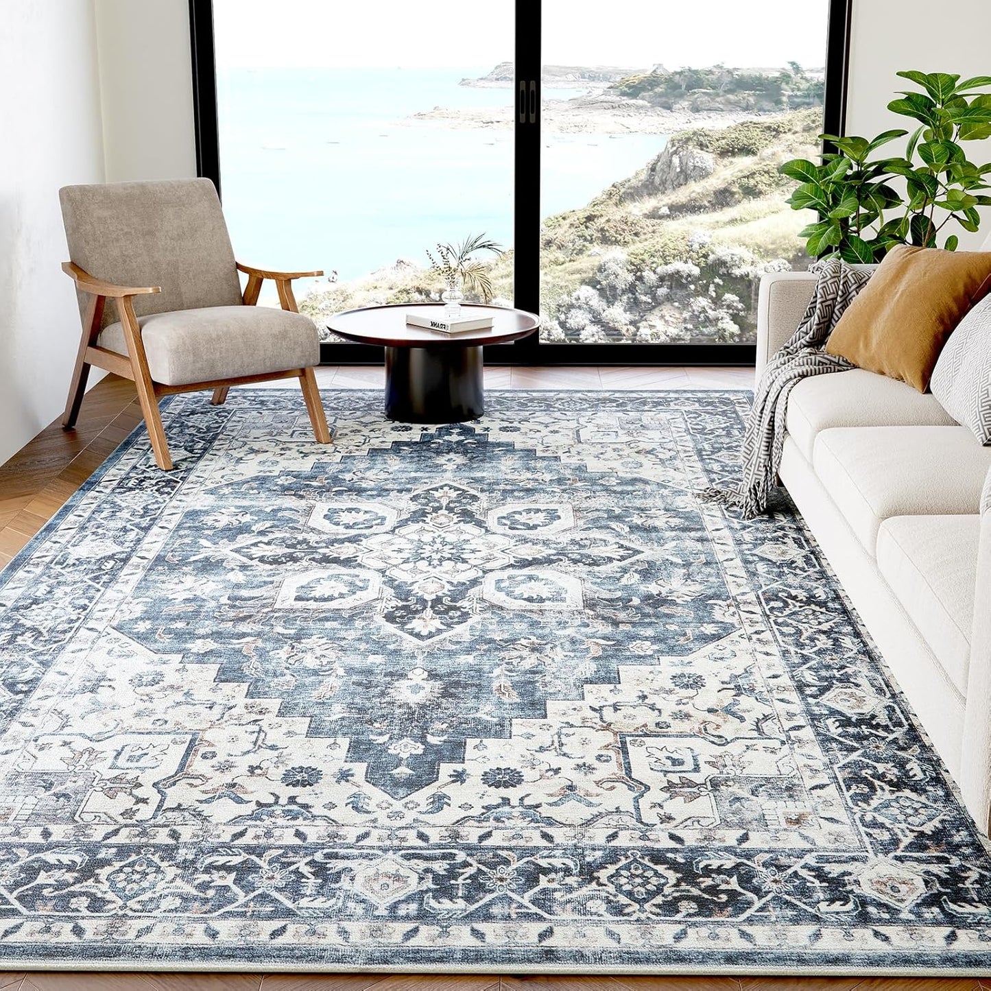 AMADA HOMEFURNISHING 8x10 Washable Area Rug, Low-Profile Large Area Rug with Non-Slip Backing & Durable Edge Binding, Vintage Large Rugs for Living Room, Bedroom, Dinning Room