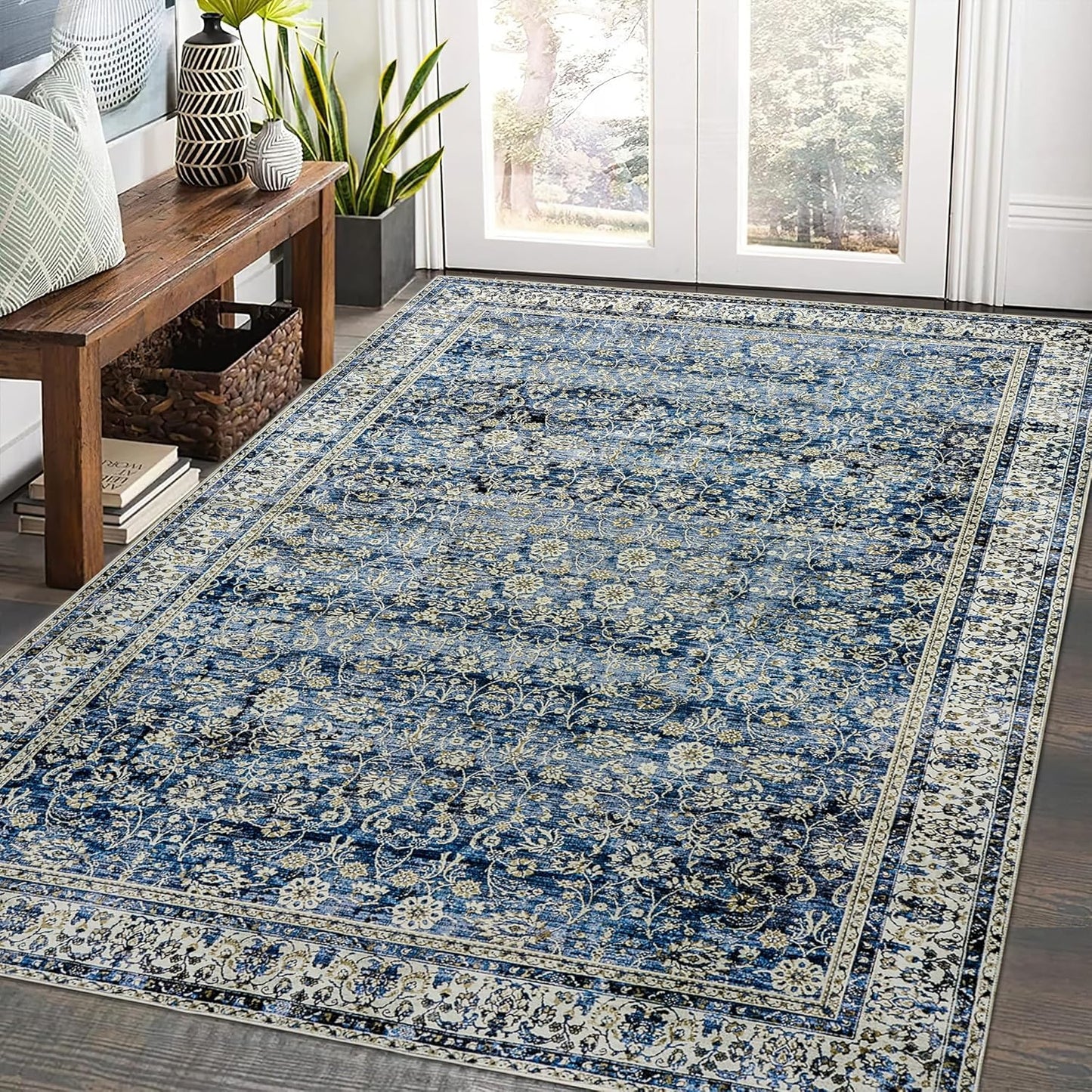 Nursery Rug for Baby Girl,Neutral Blush Pink Boho Cute Floral Foldable Machine Washable Soft Faux Wool Carpet Area Rugs for Living Room Bedroom Dorm Kids Playroom,5x7