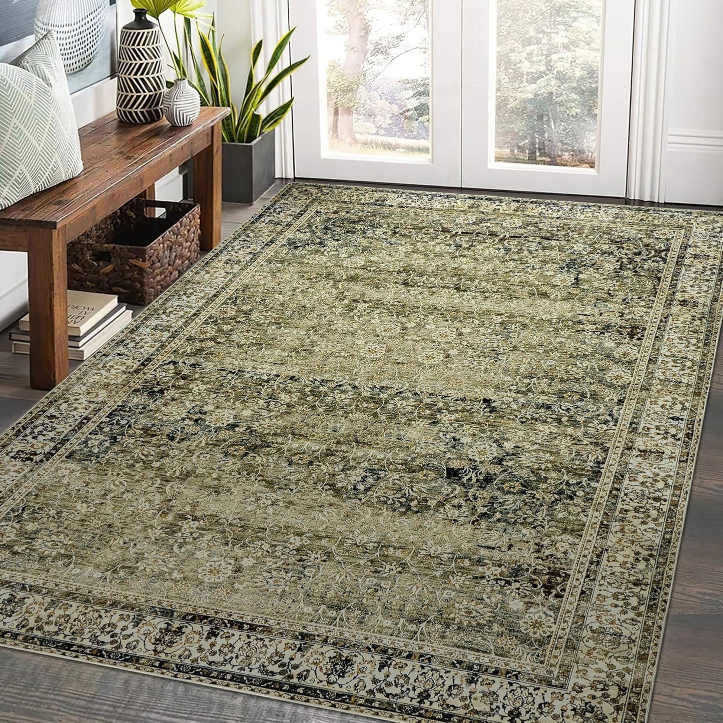 Nursery Rug for Baby Girl,Neutral Blush Pink Boho Cute Floral Foldable Machine Washable Soft Faux Wool Carpet Area Rugs for Living Room Bedroom Dorm Kids Playroom,5x7